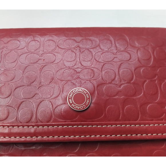 Coach Red Leather C Embossed Credit Card Bifold Envelope Long Wallet - Picture 4 of 13